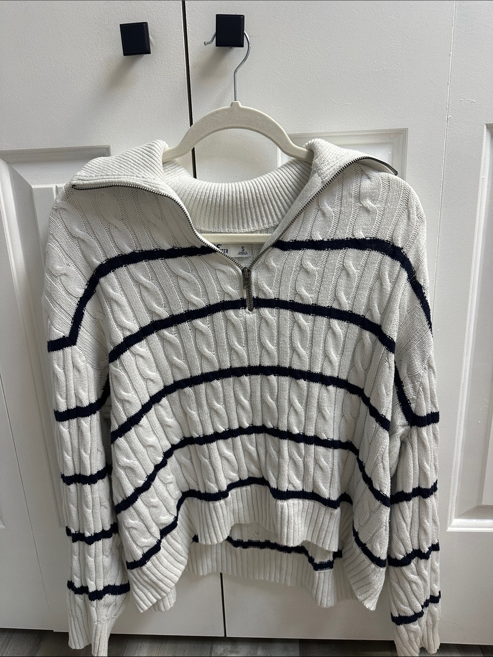 Women's Cable-Knit Sweater with Navy Stripes